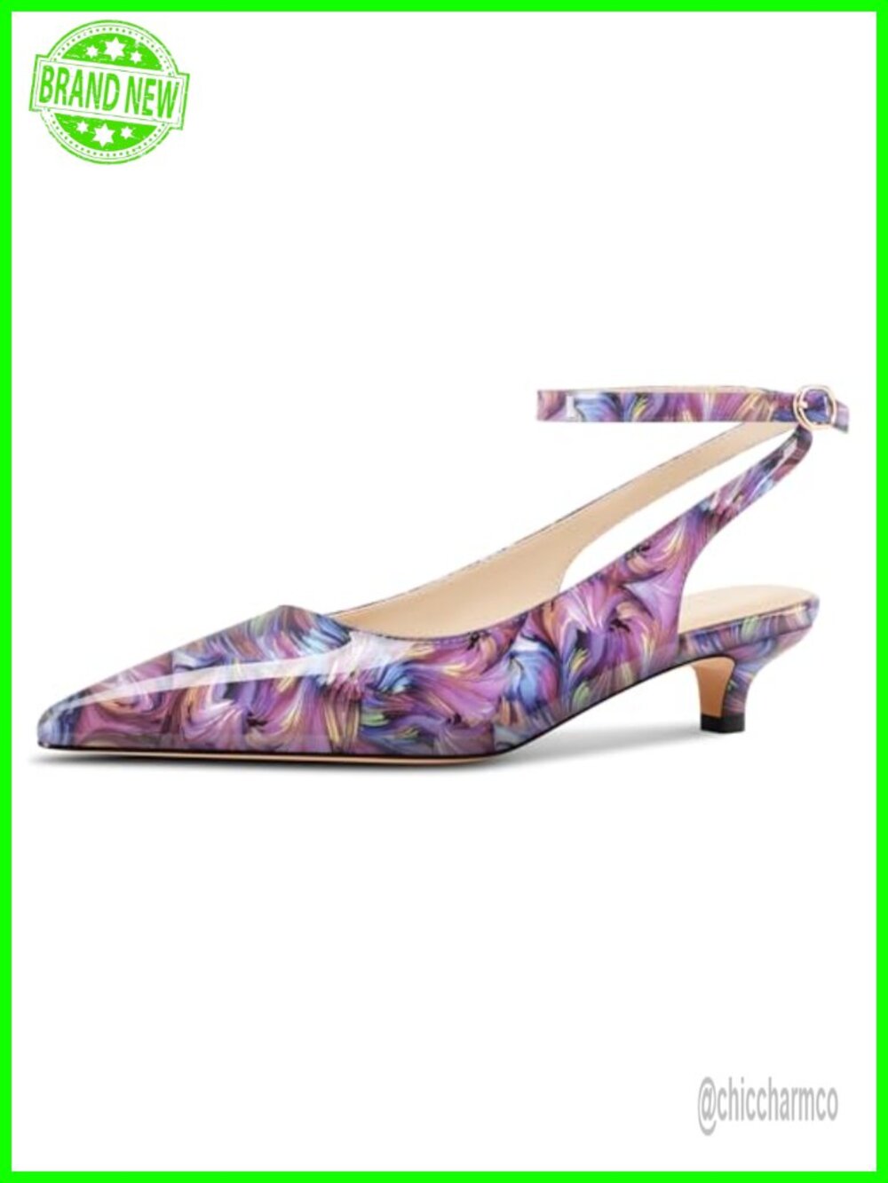 Womens Low Kitten Heel Slingback Pumps Pointed Toe Faux Leather Ankle Strap
